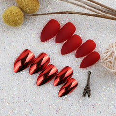 24 Pcs Shiny and Matte False Nail Solid Color Long Almond Fake Nails With Metal Plating Reflective Nail Tips Makeup Tools