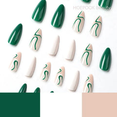 24pcs Green White Wave Finished Press On Nail Set Full Cover Artificial Fake Nails With Tools Reusable Removable False Nails Art