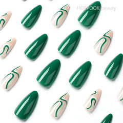 24pcs Green White Wave Finished Press On Nail Set Full Cover Artificial Fake Nails With Tools Reusable Removable False Nails Art