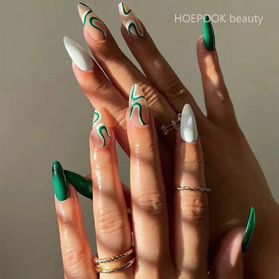 24pcs Green White Wave Finished Press On Nail Set Full Cover Artificial Fake Nails With Tools Reusable Removable False Nails Art