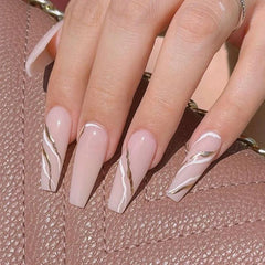 24Pcs Marble Gradient Long Coffin False Nails Full Cover Nail Tips Press Glue Detachable Wearable Gold Foil Ballerina Fake Nails