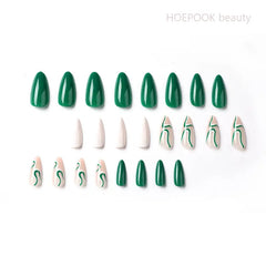 24pcs Green White Wave Finished Press On Nail Set Full Cover Artificial Fake Nails With Tools Reusable Removable False Nails Art