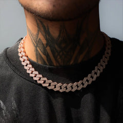 13mm Three-Row Diamond Prong Cuban Link Chain in Rose Gold