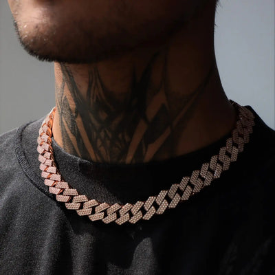 13mm Three-Row Diamond Prong Cuban Link Chain in Rose Gold