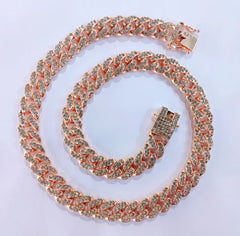 13mm Three-Row Diamond Prong Cuban Link Chain in Rose Gold